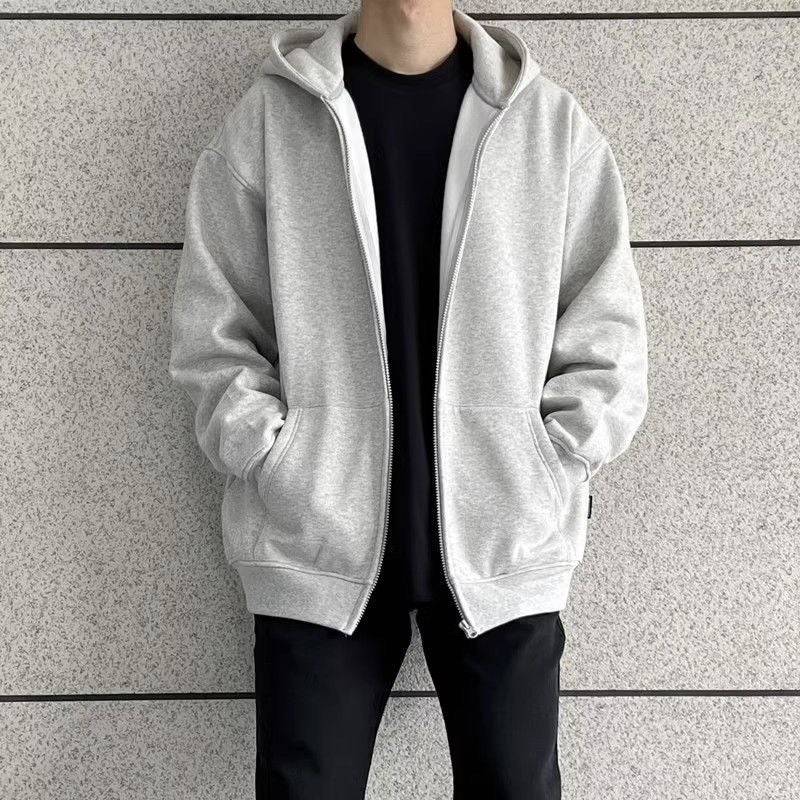 2024 American Cardigan Zipper Hooded Fleece-Lined Sweater Men'S Solid Color Loose All-Match Lazy Hoodie Trendy - Image 2